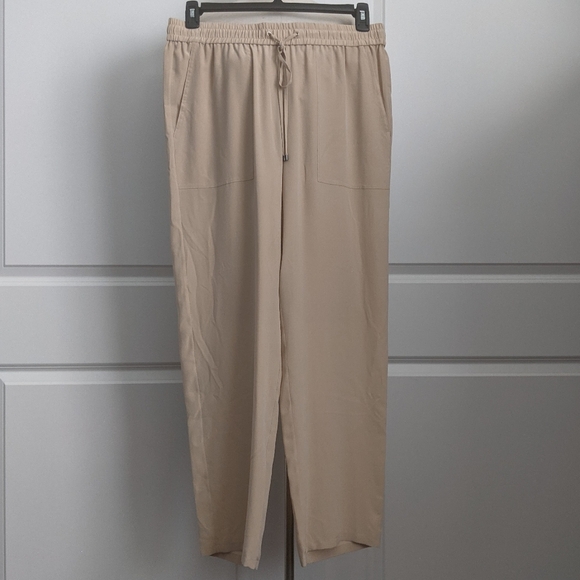 Theory Pants 100% Silk High Waist Drawstring Pull On Pockets Light Tan L NWT - Picture 2 of 13